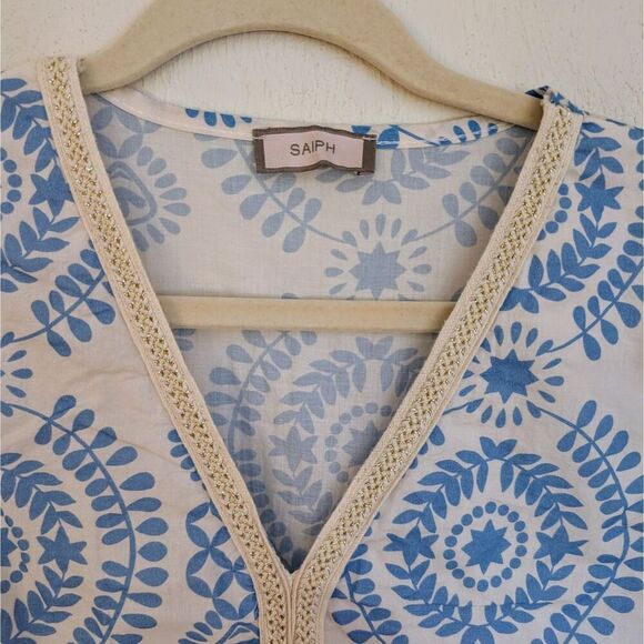 SAIPH Santorini Mini Dress Cotton Bell Sleeves Blue White Size L Italy - Picture 3 of 5